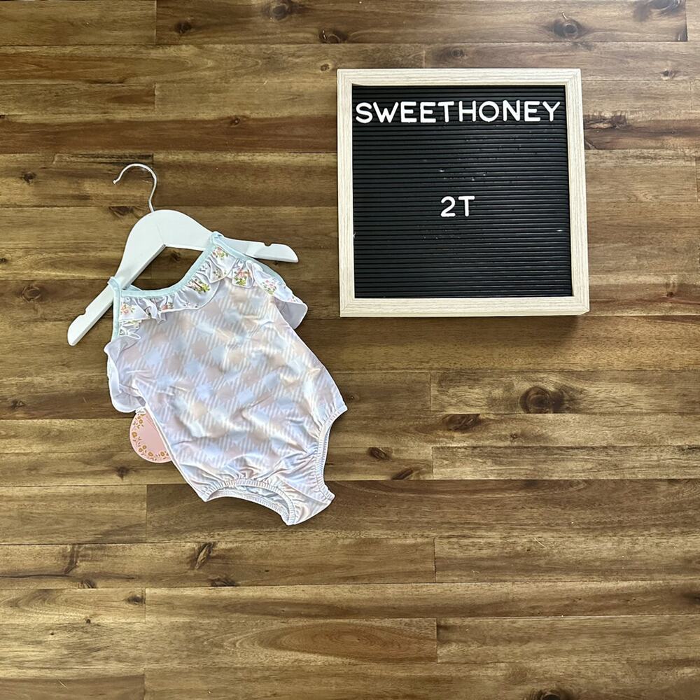 NWT SweetHoney Mary One Piece Swimsuit Ocean Isle Pink Check Green Floral 2T